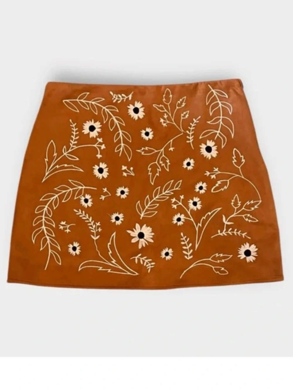 Francesca‘s blue rain faux suede floral embroidered stretch mini skirt NWT LG